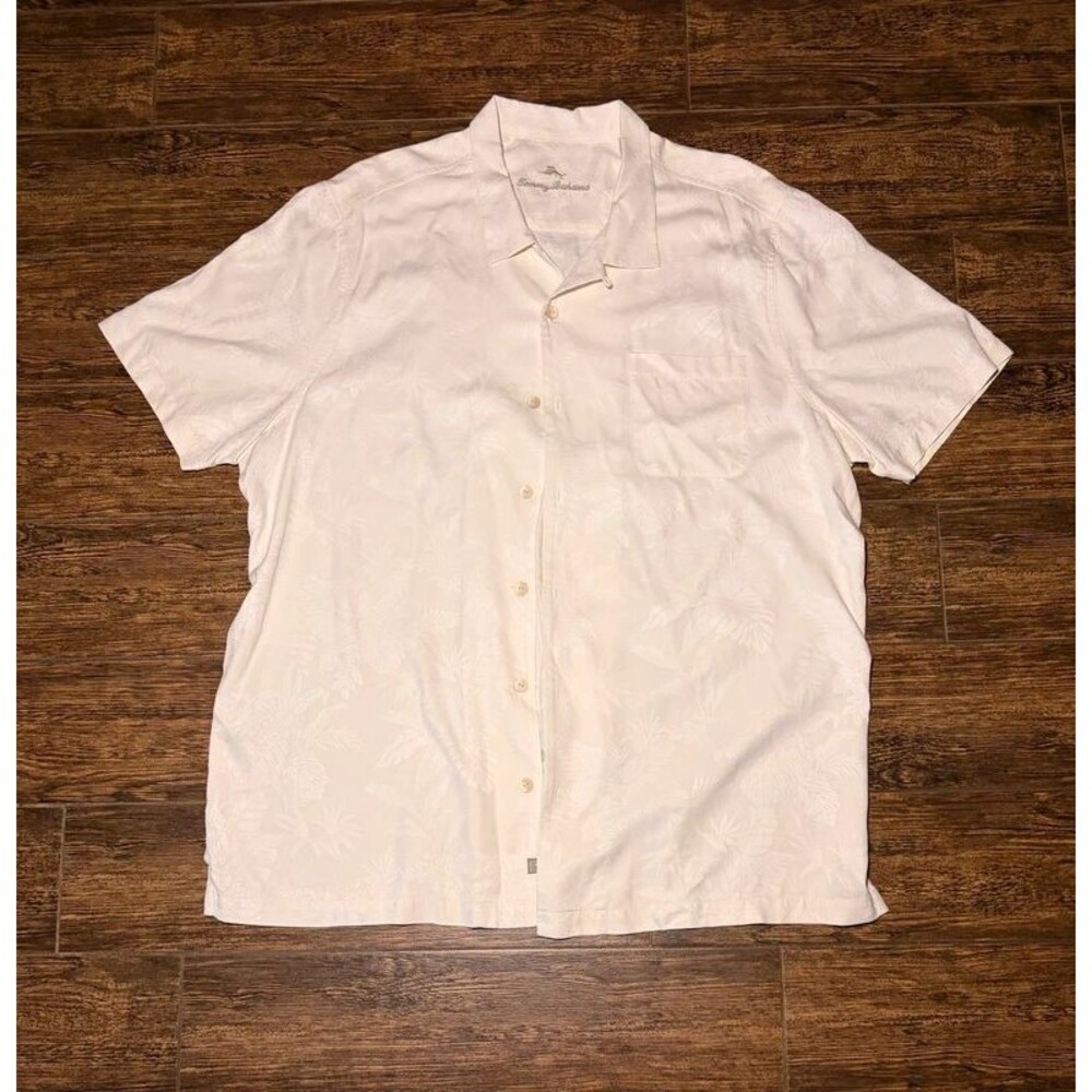 Tommy Bahama Cream Tonal Tropical Leaf Silk-Blend Camp Shirt - XXL